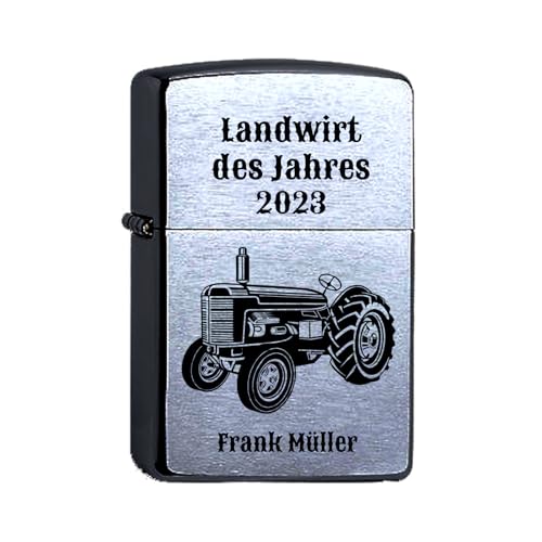 Zippo Benzinfeuerzeug Traktor Landwirt personalisiert Gravur Wunschtext Name Personalisieren Trecker Sturmfeuerzeug Chrome Brushed (Traktor Oldtimer) von elbedruck