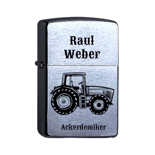 Zippo Benzinfeuerzeug Traktor Landwirt personalisiert Gravur Wunschtext Name Personalisieren Trecker Sturmfeuerzeug Chrome Brushed (Traktor klassisch) von elbedruck