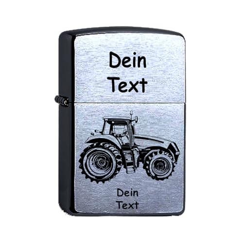 Zippo Benzinfeuerzeug Traktor Landwirt personalisiert Gravur Wunschtext Name Personalisieren Trecker Sturmfeuerzeug Chrome Brushed (Traktor modern) von elbedruck