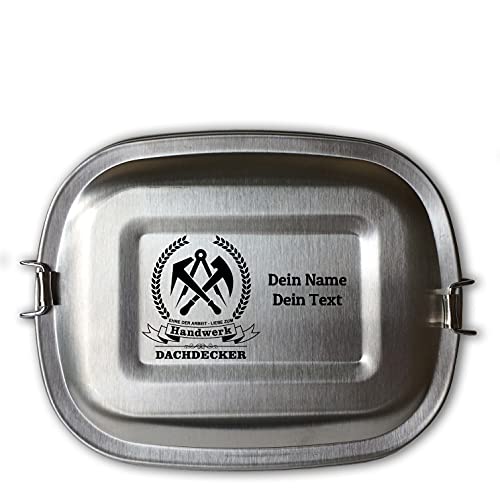 elbedruck Edelstahl Brotdose Lunchbox Erwachsene mit Gravur Zunftsymbol Dachdecker und Wunschgravur Dein Name personalisiert in 3 Größen auch als Set (Lunchbox Dachdecker groß) von elbedruck