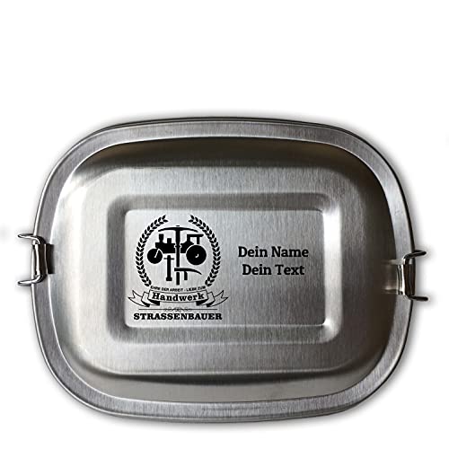 elbedruck Edelstahl Brotdose Lunchbox Erwachsene mit Gravur Zunftsymbol Strassenbauer und Wunschgravur Dein Name personalisiert in 3 Größen auch als Set (Lunchbox Strassenbauer groß) von elbedruck