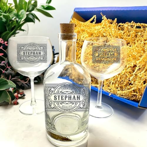 elbedruck Gin Glas Geschenk Set Flasche und Gläser mit Gravur mit Name Cocktailglas Ginglas Ginset Geschenkbox Apothekerflasche Geschenkset (2 Gläser) von elbedruck