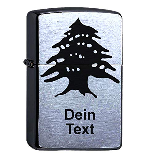 Libanon Zeder Lasergravur Compatible with Zippo personalisiert, Gravur mit Wunschtext. Zedernbaum Yallah Habibi libanesisch Flagge gravieren Personalisieren von elbedruck