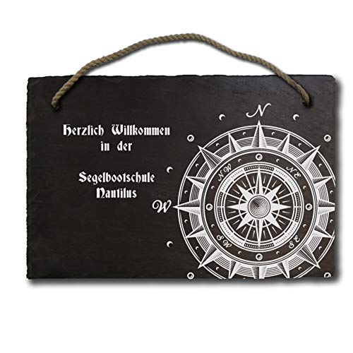 elbedruck Schiefertafel Kompass Nautik Maritim ca. 20x30cm Wunschtext und Name, Schieferplatte als Klingelschild Türschild (mit Kordel) von elbedruck
