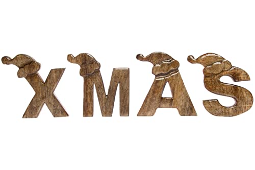 elbmöbel Deko-Buchstaben Xmas Schriftzug Buchstaben Holz Schild Schrift braun Weihnachten Deko 4 TLG Weinachtsmütze von elbmöbel