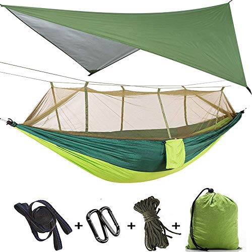 3in1 Camping Hängematte mit Zipper Moskitonetz und Zeltplane,300kg Last Hängematten Atmungsaktiv Moskitonetz Schnell Trocknend Fallschirm Plane für Camping Wandern Reise Hof (Grüne Hängematte) von ele ELEOPTION