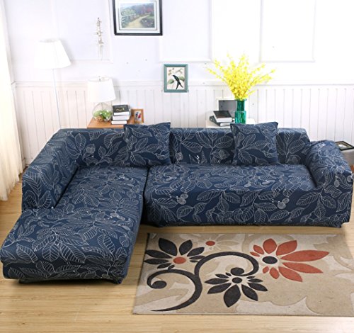 L-Form Sofabezug, Polyester, Strech, 2 Stück + 2 Kissenbezüge für geteiltes Sofa Bleu (Feuilles) von ele ELEOPTION