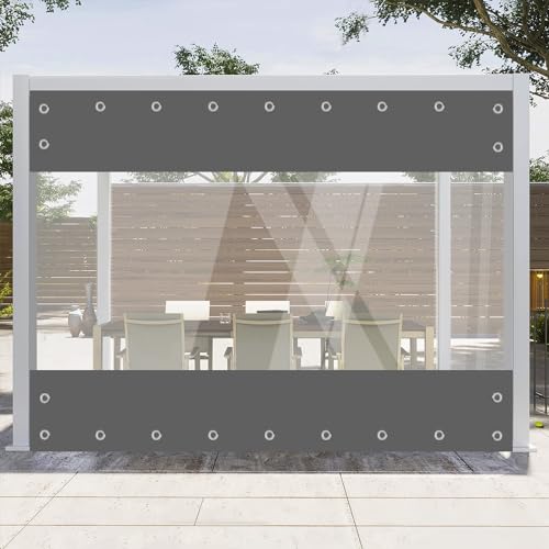 Transparente Plane mit ösen Wasserdicht 420g/m² PVC Abdeckplane Gewebeplane Windschutz Regenschutz für Garten Pavillon Terrassen Balkon (Grau, Höhe 2.4m x Breite 4.5m) von ele ELEOPTION