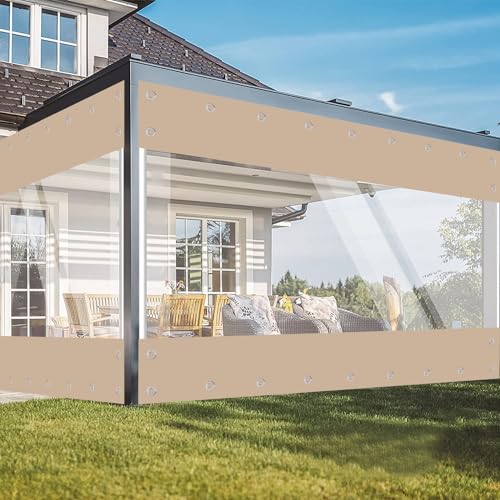 Transparente Plane mit ösen Wasserdicht 420g/m² PVC Abdeckplane Gewebeplane Windschutz Regenschutz für Garten Pavillon Terrassen Balkon (Khaki, Höhe 2.1m x Breite 2.4m) von ele ELEOPTION