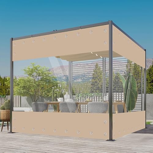 Transparente Plane mit ösen Wasserdicht 420g/m² PVC Abdeckplane Gewebeplane Windschutz Regenschutz für Garten Pavillon Terrassen Balkon Gewächshäuser (Khaki, Höhe 2.4m x Breite 3m) von ele ELEOPTION