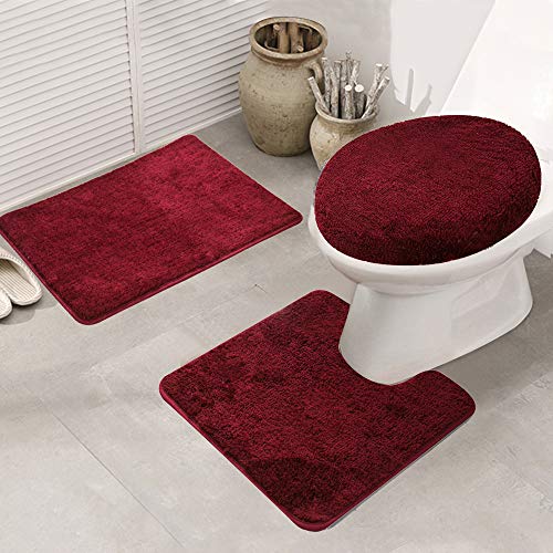ele ELEOPTION Badematte Set 3 teilig, Waschbar Badezimmerteppich, rutschfeste Badematte Toilettenmatte,Weich Saugfähige Badteppiche und WC Vorleger Duschvorleger (Weinrot) von ele ELEOPTION