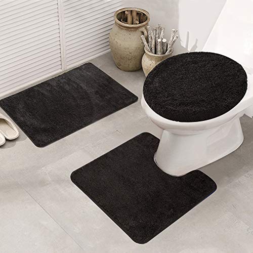 ele ELEOPTION Badematte Set 3 teilig, Waschbar Badezimmerteppich, rutschfeste Badematte Toilettenmatte,Weich Saugfähige Badteppiche und WC Vorleger Duschvorleger (Schwarz) von ele ELEOPTION