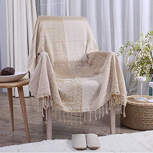 ele ELEOPTION Chenille Jahrgang Jacquard Quasten Überwurf Decke, Stammesmuster Doppelseitiges Patchwork Sofaüberwurf, Ideal für Haus Dekoration, Bett, Sofa, Couch, Stuhl (Beige, 150cx 190cm) von ele ELEOPTION