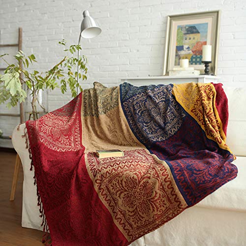Chenille Überwurf Decke, Jacquard Quasten Überwurf Decke Sofa Stuhl Bezug Dekorative für Bett Couch, Sessel, Folk Tribal Muster (Rot, 220 x 250 cm) von ele ELEOPTION