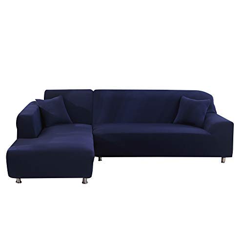 ele ELEOPTION Sofa Überwürfe elastische Stretch Sofa Bezug 2er Set 3 Sitzer für L Form Sofa inkl. 2 Stücke Kissenbezug (Dunkelblau) von ele ELEOPTION