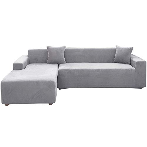 ele ELEOPTION Sofa Überwürfe elastische Stretch Sofa Bezug 2er Set 3 Sitzer für L Form Sofa inkl. 2 Stücke Kissenbezug (Silber grau) von ele ELEOPTION