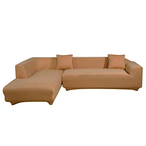 ele ELEOPTION Sofa Überwürfe elastische Stretch Sofa Bezug 2er Set 3 Sitzer für L Form Sofa inkl. 2 Stücke Kissenbezug (Khaki) von ele ELEOPTION