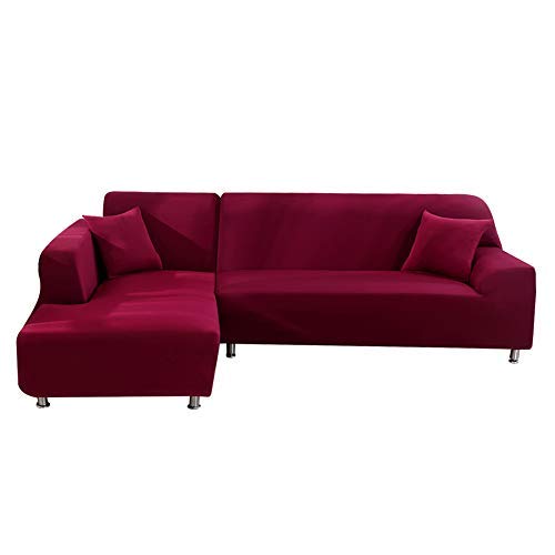 ele ELEOPTION Sofa Überwürfe elastische Stretch Sofa Bezug 2er Set 3 Sitzer für L Form Sofa inkl. 2 Stücke Kissenbezug (Weinrot) von ele ELEOPTION