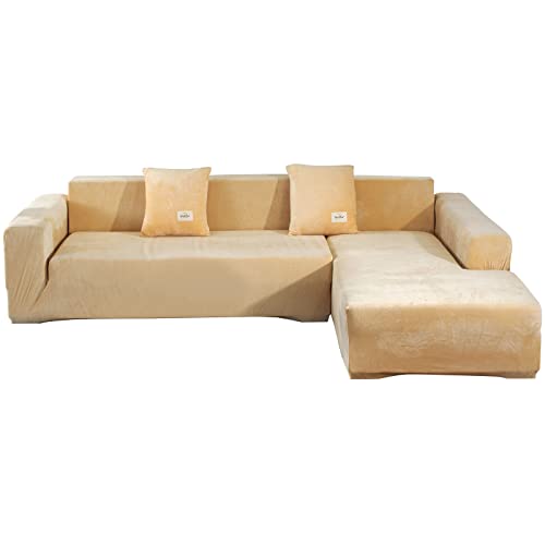ele ELEOPTION Sofa Überzug Samt Stretch Sofabezug 2er Set 3 Sitzer Verdickung Couchbezug für L Form Sofa Ecksofa inkl. 4 Stücke Kissenbezug (pur Beige) von ele ELEOPTION
