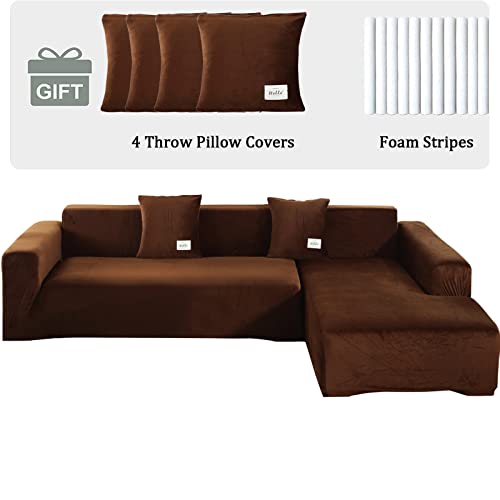 ele ELEOPTION Sofa Überzug Samt Stretch Sofabezug 2er Set 3 Sitzer Verdickung Couchbezug für L Form Sofa Ecksofa inkl. 4 Stücke Kissenbezug (pur Braun) von ele ELEOPTION