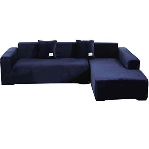 ele ELEOPTION Sofa Überzug Samt Stretch Sofabezug 2er Set 3 Sitzer Verdickung Couchbezug für L Form Sofa Ecksofa inkl. 4 Stücke Kissenbezug (pur Dunkelblau) von ele ELEOPTION