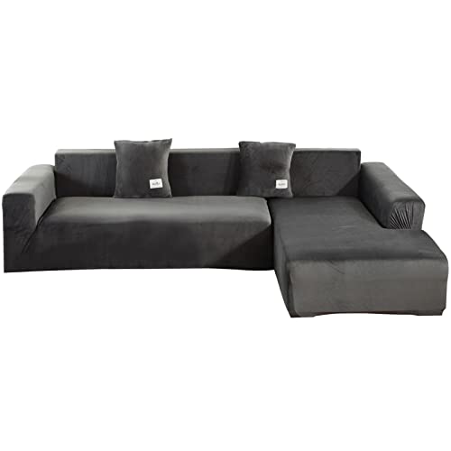 ele ELEOPTION Sofa Überzug Samt Stretch Sofabezug 2er Set 3 Sitzer Verdickung Couchbezug für L Form Sofa Ecksofa inkl. 4 Stücke Kissenbezug (pur Dunkelgrau) von ele ELEOPTION
