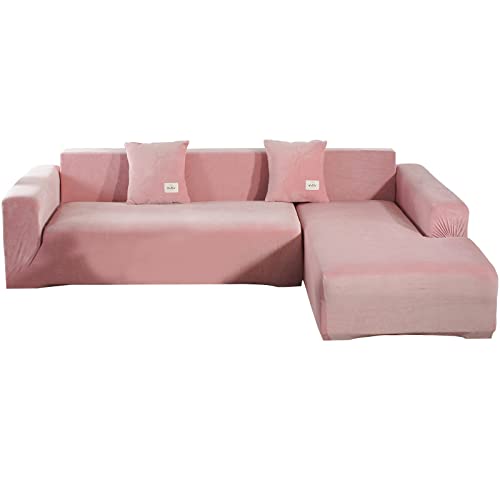 ele ELEOPTION Sofa Überzug Samt Stretch Sofabezug 2er Set 3 Sitzer Verdickung Couchbezug für L Form Sofa Ecksofa inkl. 4 Stücke Kissenbezug (pur Pink) von ele ELEOPTION