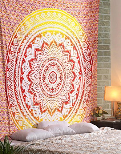 ele ELEOPTION Wandteppich Indian Mandala Wall Hanging Hippie Tapestry Wanddeko für Kinderzimmer Wohnzimmer Schlafzimmer auch als Yogamatte Picknickdecke Strandtücher (Rot und Gelb, 150 x 205cm) von ele ELEOPTION