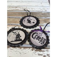 Halloween Hexe Gruseliges Spukhaus Ornament Set Von 3 Weihnachten Urlaub Herbst Baum von elegantcloset21