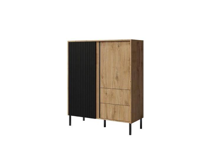 Beautysofa Kommode Moderne elegante moderne hohe Kommode mit Lamellen MIA 01, Farbe: Ewige eiche+schwarz, schwarz von elegante