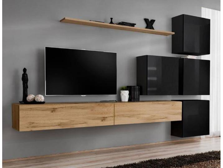 Elegante Wohnwand Balestrand 141, Farbe: Eiche Wotan / Schwarz - Abmessungen: 200 x 310 x 40 cm (H x B x T), mit 12 Fächern von elegante