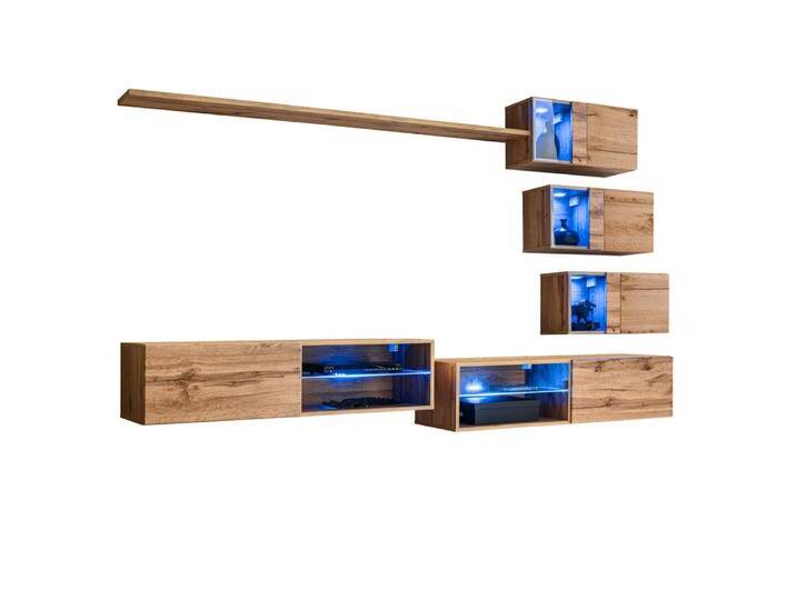 Elegante Wohnwand Volleberg 52, Farbe: Eiche Wotan - Abmessungen: 150 x 250 x 40 cm (H x B x T), mit Push-to-open Funktion von elegante