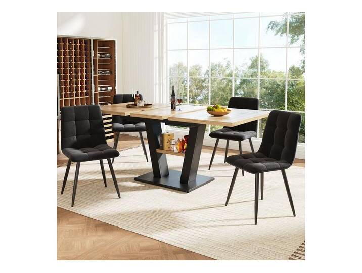 HAUSS SPOLE Essgruppe 5 Teile ausziehbares Esstisch mit 4 Stühlen, für Küche und Wohnzimmer, (Vielseitiges 5-teiliges Esstisch-Set (118-157 x 70 cm) mit ausziehbarem Tisch & 4 Stühlen – Ideal für Küche & Wohnzimmer, ergonomische Stühle, elegante MDF-Oberfläche und Samtpolster, für Familie und kleine Feiern, 5-tlg., 118-157×70×75cm), Esstisch Teleskoptisch, schwarz, Metall,MDF von elegante