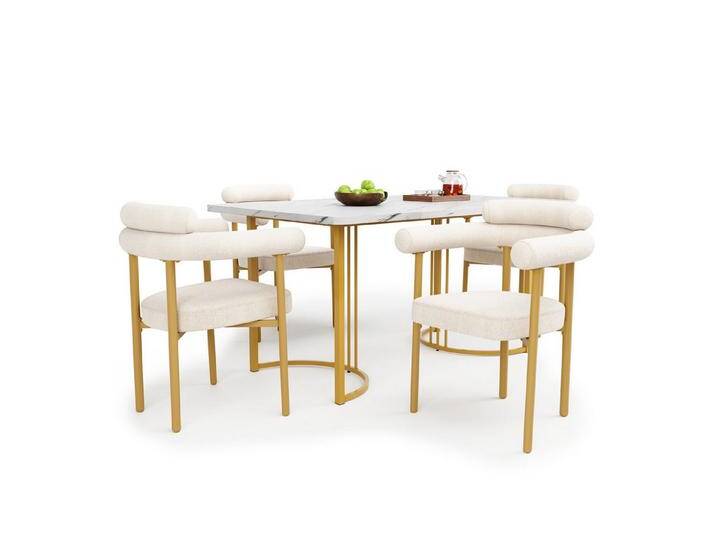 HAUSS SPOLE Essgruppe 5er Set Esstisch mit Tischbeinen aus Metall und 4 Beigen Samt-Stühle, (Esstisch- und Stuhlset, elegante Metall-Tischbeine, komfortable Samt-Hohlsessel in Creme, für moderne Wohnzimmer & Restaurants, langlebig & stylish, 5-tlg), Esstisch mit Design-Tischbeinen von elegante