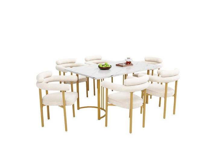 HAUSS SPOLE Essgruppe 7er Set Esstisch mit Tischbeinen aus Metall und 4 Beigen Samt-Stühle, (Esstisch- und Stuhlset, elegante Metall-Tischbeine, komfortable Samt-Hohlsessel in Creme, für moderne Wohnzimmer & Restaurants, langlebig & stylish, 7-tlg), Esstisch mit Design-Tischbeinen von elegante