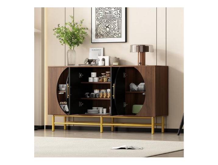 HAUSS SPOLE Sideboard Wohnzimmerschrank Walnut mit verstellbaren Ablage,Beistellschrank (Modernes Vier-Türen-Sideboard mit vertikalen Streifen und verstellbaren Ablageplatten – elegante Aufbewahrungslösung mit goldenen Akzenten) von elegante