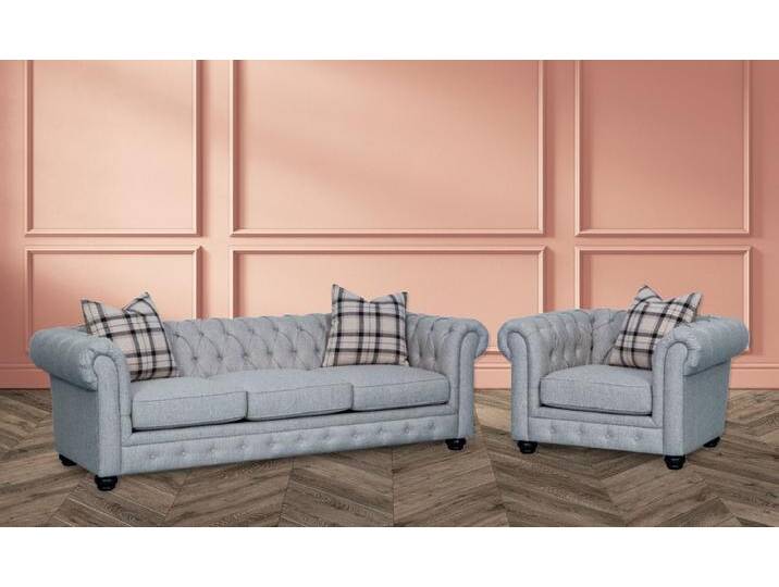 JVmoebel Chesterfield-Sofa Elegante Couchgarnitur 3-Sitzer + Sessel in Grau aus Leder/Textil, Made in Europa, grau von elegante