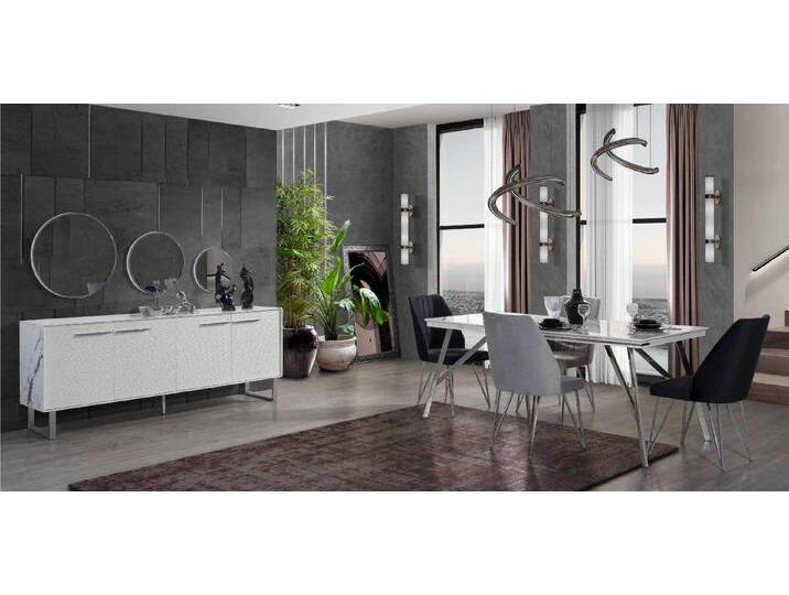 JVmoebel Esszimmer-Set Elegante Grau-Weiße Esszimmermöbel mit Kommode und Polsterstühlen, (6-St., Nur Esstisch + 4x Stühle + Kommode mit Spiegel) von elegante