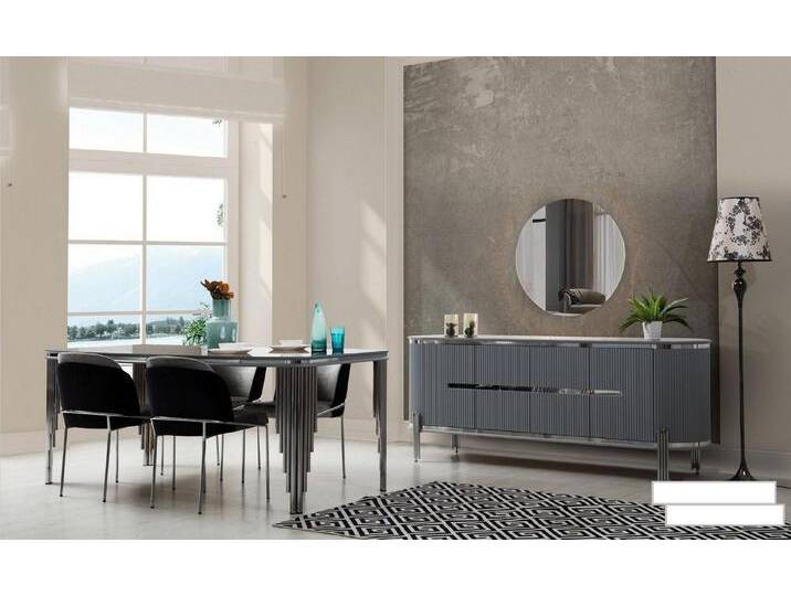 JVmoebel Esszimmer-Set Elegante Graue Essgruppe mit Tisch und Stühlen 6-teilig, (6-St., 1x Esstisch + 4x Stühle + 1x Sideboard), Made in Europa, grau von elegante