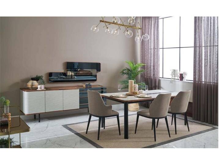 JVmoebel Esszimmer-Set Esszimmer Set 7tlg Holz in Weiß - Elegante Essecke Möbelgruppe, (7-St., Esstisch/4x Stühle/Sideboard/Spiegel), Made in Europa von elegante