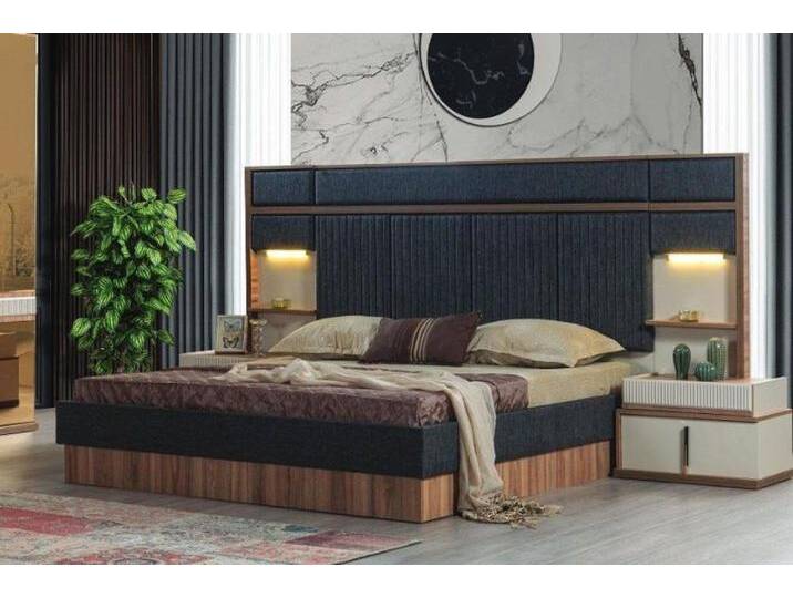 JVmoebel Polsterbett Elegante Schlafzimmer Möbelset Doppelbett mit Nachttischen aus Holz (3-tlg., Bett/2x Nachttische), Made in Europa, grau von elegante