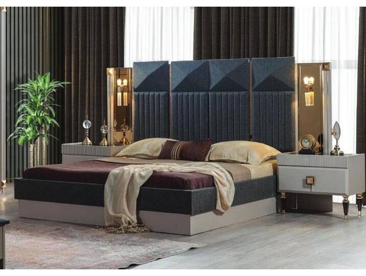 JVmoebel Schlafzimmer-Set Elegante Schlafzimmermöbel: Designerbett in Grau mit Nachttischen, (3-tlg., Bett/2x Nachttische), Made in Europa, grau von elegante