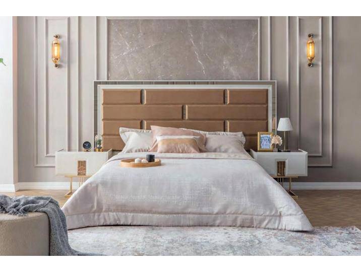 JVmoebel Schlafzimmer-Set Elegante Schlafzimmermöbel: Designerbett mit Edelstahl-Nachttischen, (3-tlg., Schlafzimmer-Set 3tlg Bett + 2x Nachttische) von elegante