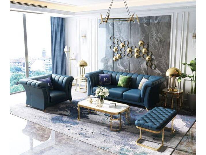 JVmoebel Polstergarnitur Elegante blaue Sofagarnitur, modernes 3-teiliges Set mit Hockern, (3+1 Sitzer + Hocker), Made in Europa, blau von elegante