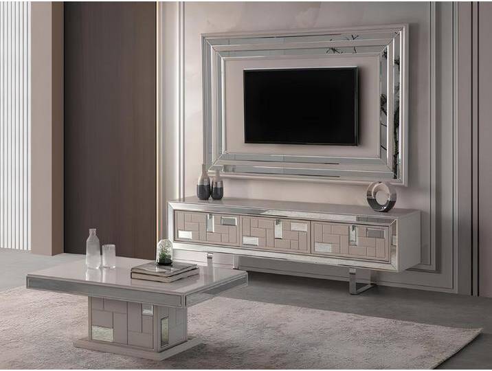 JVmoebel Wohnwand Elegante Wohnwand mit TV-Ständer, Couchtisch und Lowboard in Weiß, (3-St., TV-Ständer + Wandpanel + Couchtisch), Made in Europa von elegante