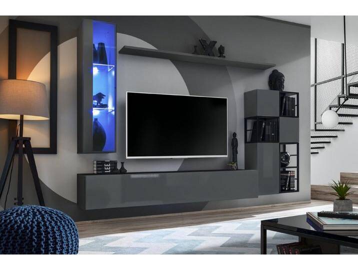 JVmoebel Wohnwand Elegante Hochglanz Wohnwand in Grau mit Hängevitrine und TV-Ständer, (9-St., TV Ständer + Hänge Vitrine + 3x Wandschrank + 4x Wandregal) von elegante