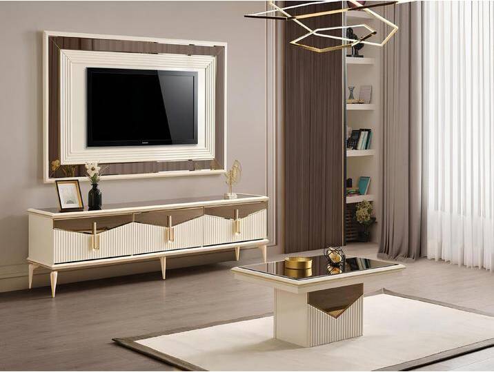 JVmoebel Wohnwand Elegante TV-Wand mit Lowboard und Gold-Akzenten für das Wohnzimmer, (2-St., TV-Ständer + Wandpanel), Made in Europa, beige von elegante
