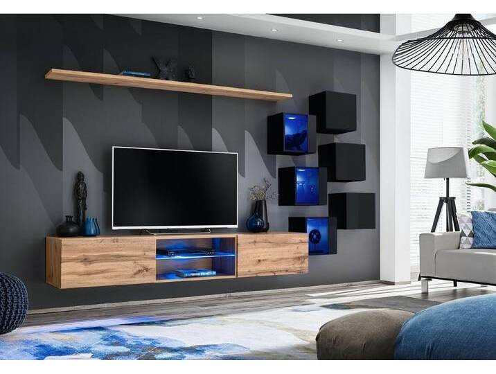 JVmoebel Wohnwand Elegante TV-Wandkombination aus Holz mit Regal & Schrank, (8-St., TV Ständer + 6x Wandschrank + Wandregal), Made in Europa von elegante