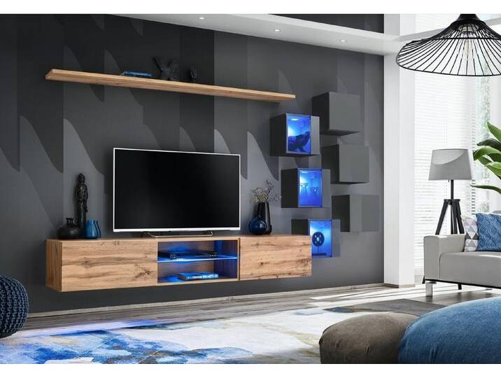 JVmoebel Wohnwand Elegante Wand Möbel Kombination mit TV-Ständer und Regalen, (8-St., TV Ständer + 6x Wandschrank + Wandregal), Made in Europa von elegante