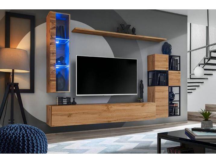 JVmoebel Wohnwand Elegante Wohnwand in Braun - TV-Ständer für stilvolles Wohnzimmer, (9-St., TV Ständer + Hänge Vitrine + 3x Wandschrank + 4x Wandregal) von elegante
